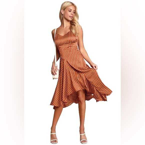 Lulus Dresses & Skirts - Lulu's Bellamy Rust Brown Polka Dot Backless Handkerchief Dress